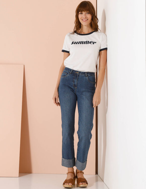 Jean droit à revers 7/8ème, taille haute (stone used) Jean droit à revers 7/8ème, taille haute (stone used)